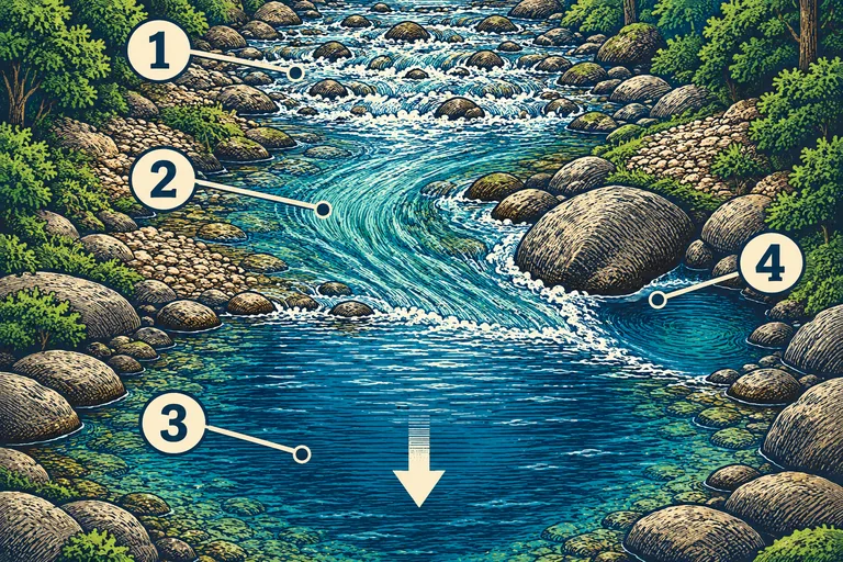 Woodcut-style creek habitat illustration: 1 marks the rocky upper riffle, 2 the smoother run, 3 the wider pool, and 4 the sheltered pocket downstream of a large boulder. A downward arrow shows flow toward the pool.
