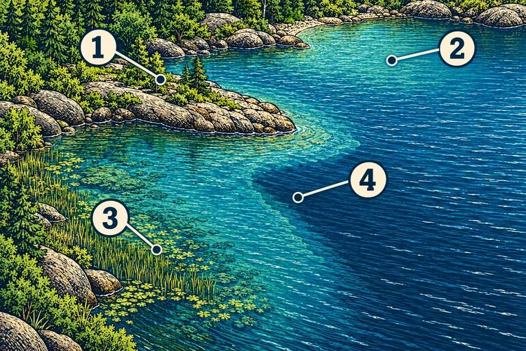 Woodcut view of part of a lake: 1 marks a point of land, 2 a sheltered bay, 3 the outside of aquatic vegetation, and 4 the transition into darker water off the point.
