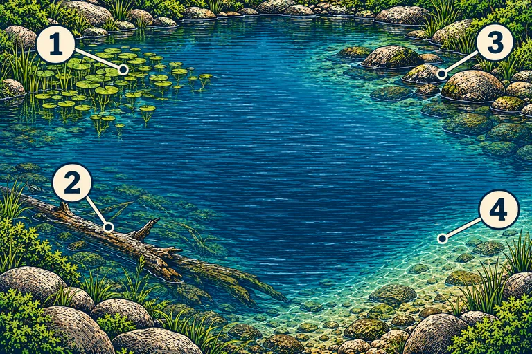 Woodcut pond illustration: 1 marks a vegetation edge, 2 partly submerged wood, 3 shoreline rocks, and 4 a shallow bank edge beside darker open water.