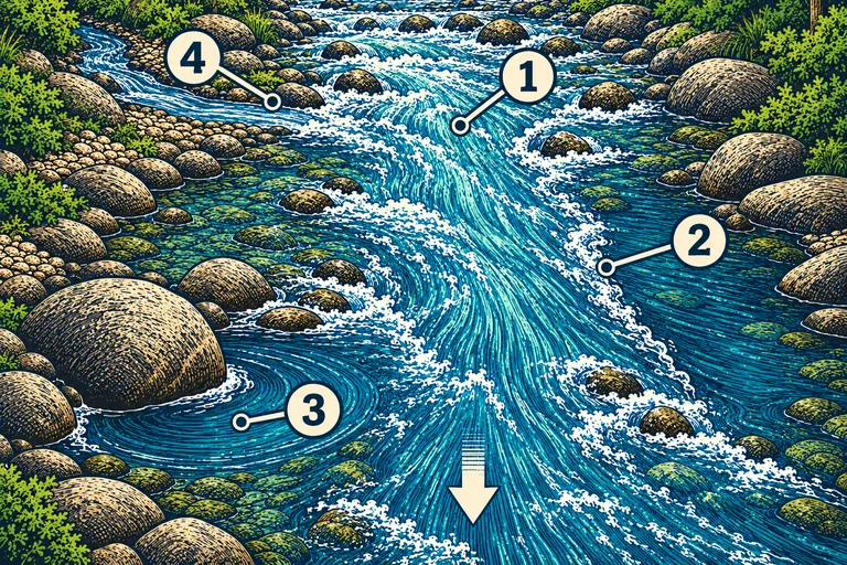 Woodcut river illustration with downstream arrow: 1 marks faster main flow, 2 the seam beside slower water, 3 an eddy downstream of a boulder, and 4 a tributary entering the river.